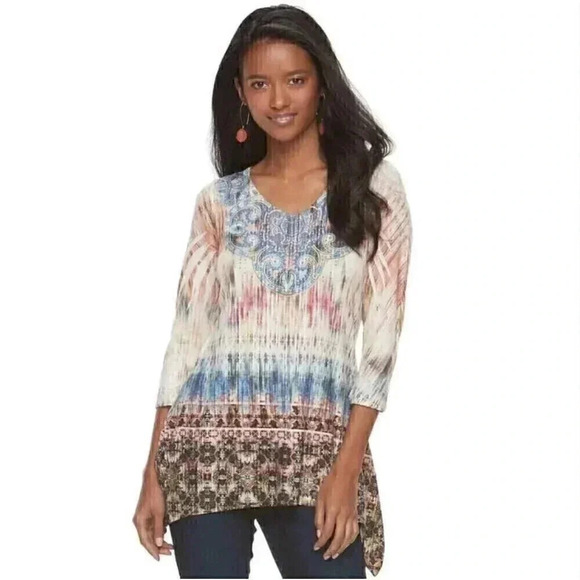 One World Women XL Studded Sharkbite Geometric Top Blue Multicolor 3/4 Sleeves - Picture 11 of 11